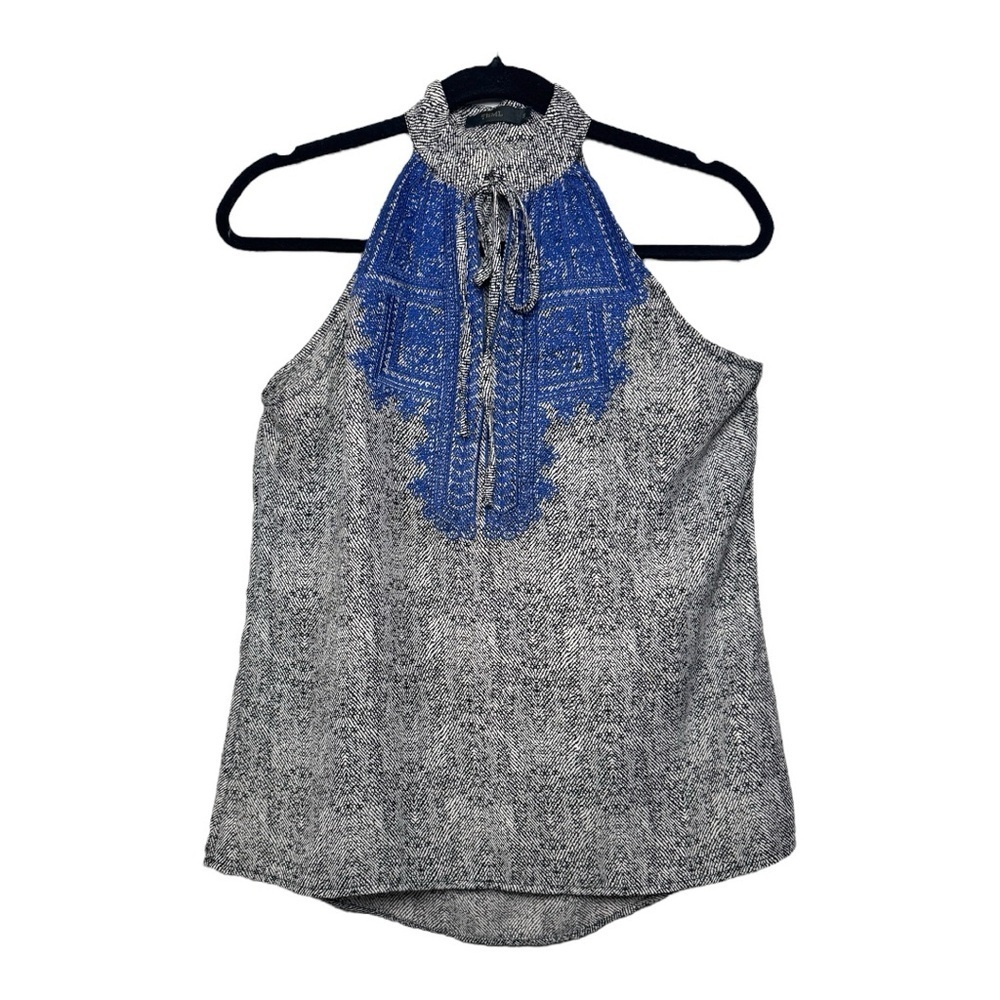 THML Blue Embroidered Gray Halter Blouse